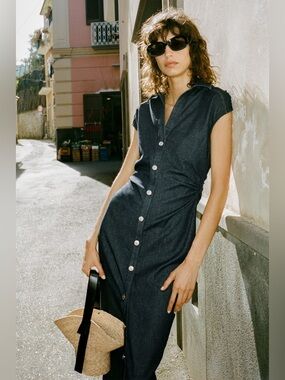 Zara Denim Ruched Button Front Midi Dress NWT